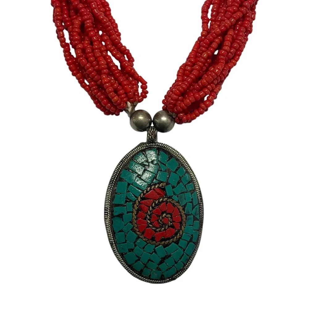 Vintage Red Multi Strand Seed Bead Necklace Turquoise Coral Mosaic Pendant Boho
